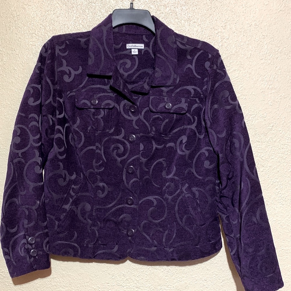 Croft & Barrow Jacket L Dark Purple Scrolls Long Sleeve Pockets Rayon Blend